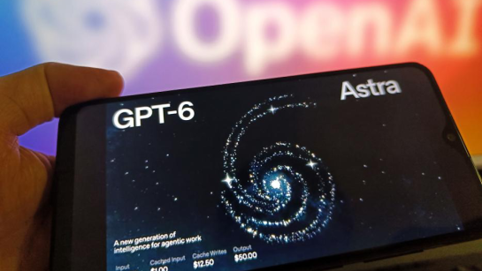 GPT-6 Astra op een smartphone, met het OpenAI-logo op de achtergrond